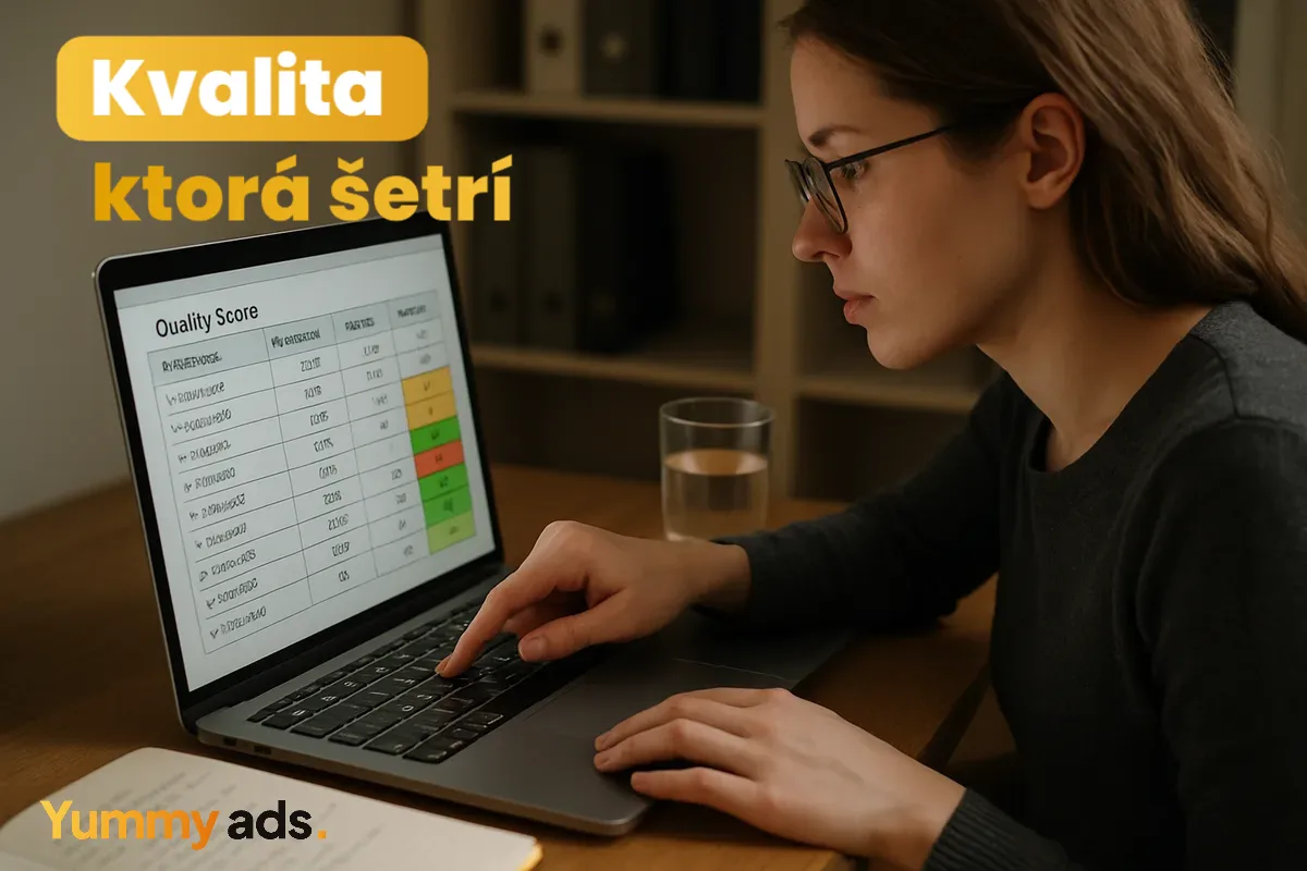 Kontrola skóre kvality google adwords reklamy na obrazovke notebooku